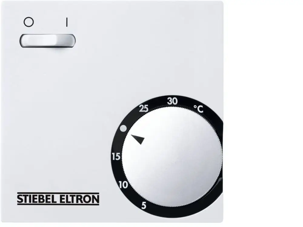 Nahaufnahme eines STIEBEL ELTRON Raumtemperaturreglers RTA-S2 mit Temperaturwahlrad und Ein/Aus-Schalter.